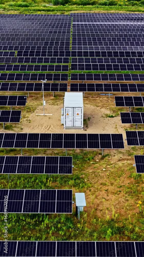 Poster zooming out vertically from a solar farm control unit surrounded by solar panels in rows.
