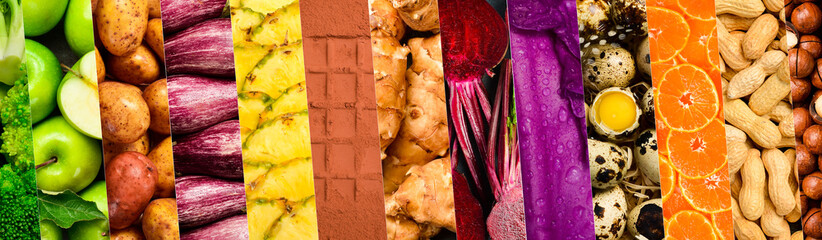 Collage of photos of fresh fruits, vegetables and food. Textured bright macro photos of fresh products. Wide banner.