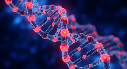 Glowing DNA strand with red nodes on a dark blue abstract background