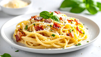 A Gourmet Plate of Spaghetti Carbonara: A mouthwatering plate of spaghetti carbonara, garnished with a sprig of fresh basil and a generous sprinkle of grated cheese, showcasing culinary perfection.