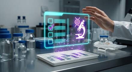 Biotech research and development concept with digital interface, DNA, and laboratory equipment.
