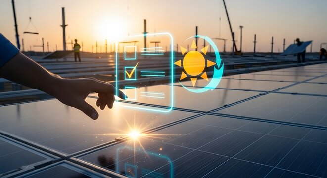 Solar panel farm inspection with digital interface and sunset, sustainable energy technology concept.