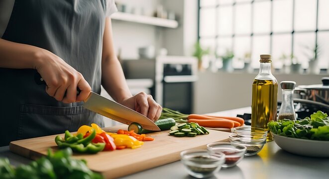 Woman chopping fresh vegetables on wooden board in bright kitchen preparing healthy meal with focus and care.
