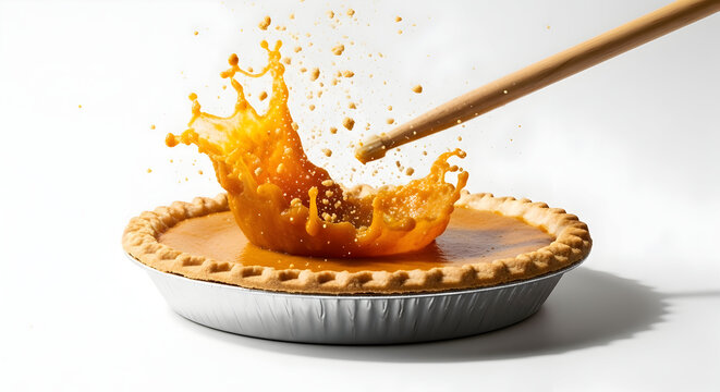 Percikan pai labu yang dinamis selama sesi foto memanggang