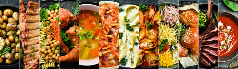 Background of food, drinks and dishes: pizza, breakfasts, lunches, soups and snacks. Photo collage, banner from photos.