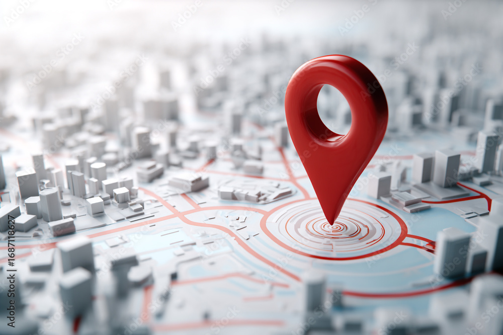 Poster red location pin on a stylized city map showing a specific point of interest