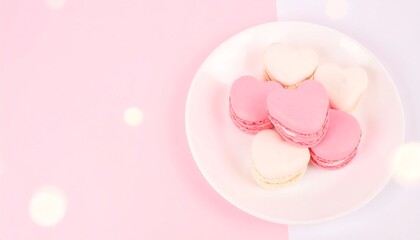 Heart-shaped macarons on a white plate, pastel pink background