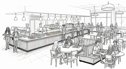 Obraz premium Busy college cafeteria sketch showing students lunching and socializing