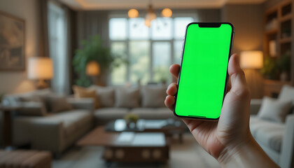 Hand holding smartphone with green screen in modern living room background.