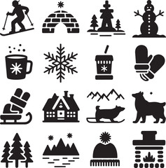 Winter and Snow Icons Set Skiing and Cozy Cabin Symbols (63) vector