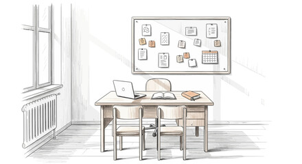 Fototapeta premium Cozy study room with a desk, laptop, open book, and a notice board