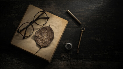 A Vintage Still Life with an Old Book, Glasses, and a Key - A Concept for History, Literature, and Knowledge.