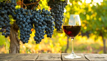 Red wine glass in vineyard at sunset
