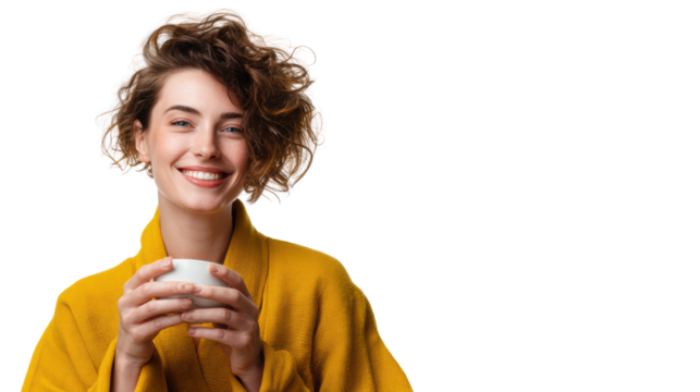 Cheerful woman in yellow sweater holding a cup, smiling brightly against a white background.