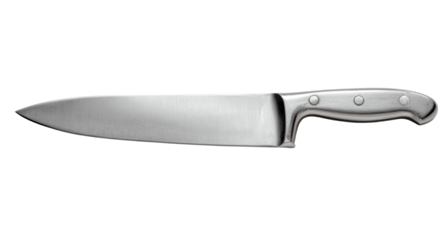Chef's knife, sharp blade, stainless steel, white isolate background