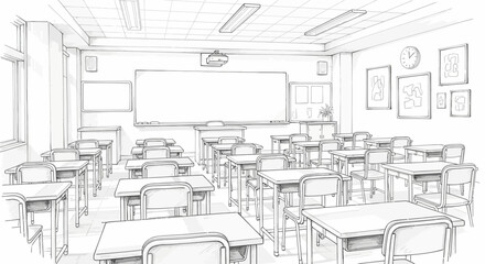 Detailed sketch of an empty classroom with desks and a whiteboard