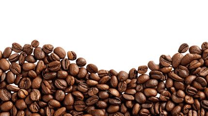 Coffee beans arranged in a wave pattern, isolated on a white background.
