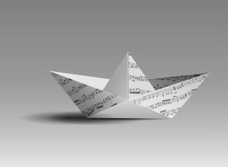 Paper boat, origami paper with music notes folded toy ship