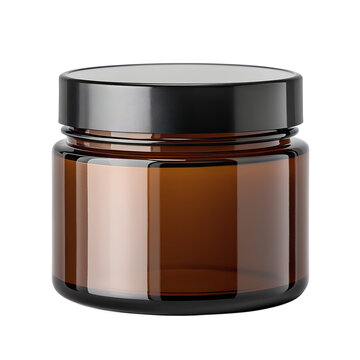 An empty amber brown glass cosmetic jar with a black lid stands isolated on a transparent background, perfect for product display.