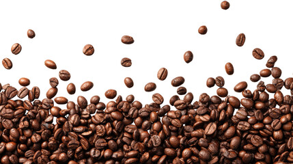Obraz premium Coffee beans scattered on a white background, ready for brewing delicious beverages.