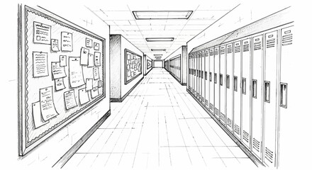 Drawn school corridor illustration with lockers and bulletin boards