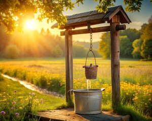 Fototapeta premium Picturesque wishing well in a field with sunlight and a bucket of water