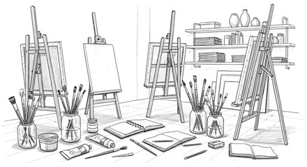 Hand drawn artistic studio illustration featuring easels, brushes and painting supplies