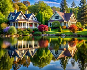 Fototapeta premium Houses reflected in a lake, surrounded by lush greenery and vibrant colors