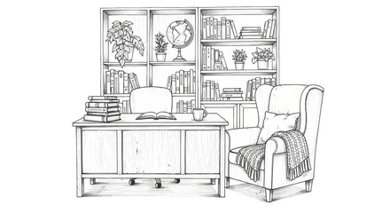 Hand drawn illustration of study room with books and comfy armchair