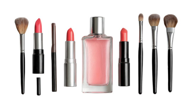 Cosmetics collection with lipsticks, brushes, and perfume on white background.
