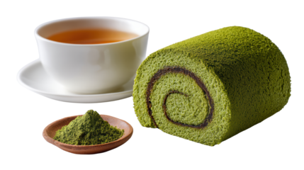 Delicious matcha roll cake with green tea cup and matcha powder on isolated background.