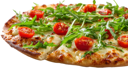 Delicious pizza topped with fresh tomatoes and arugula, perfect for a gourmet meal.