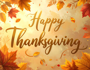 A Happy Thanksgiving message with vibrant autumn leaves framing a festive holiday season