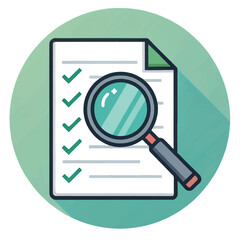 Checklist Document Inspection: Magnifying Glass Over Completed Tasks, Flat Design Illustration