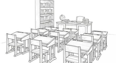 Hand-drawn illustration of a classroom with desks, bookcase, and teacher's desk