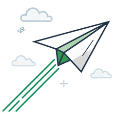 Upbeat Green Paper Airplane Soaring Through Clouds:  Fast Delivery, Success, and Growth Concept Illustration