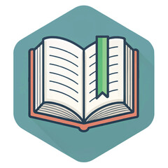 Open Book Icon:  Flat Design, Teal Background, Green Bookmark, Knowledge Concept Illustration.