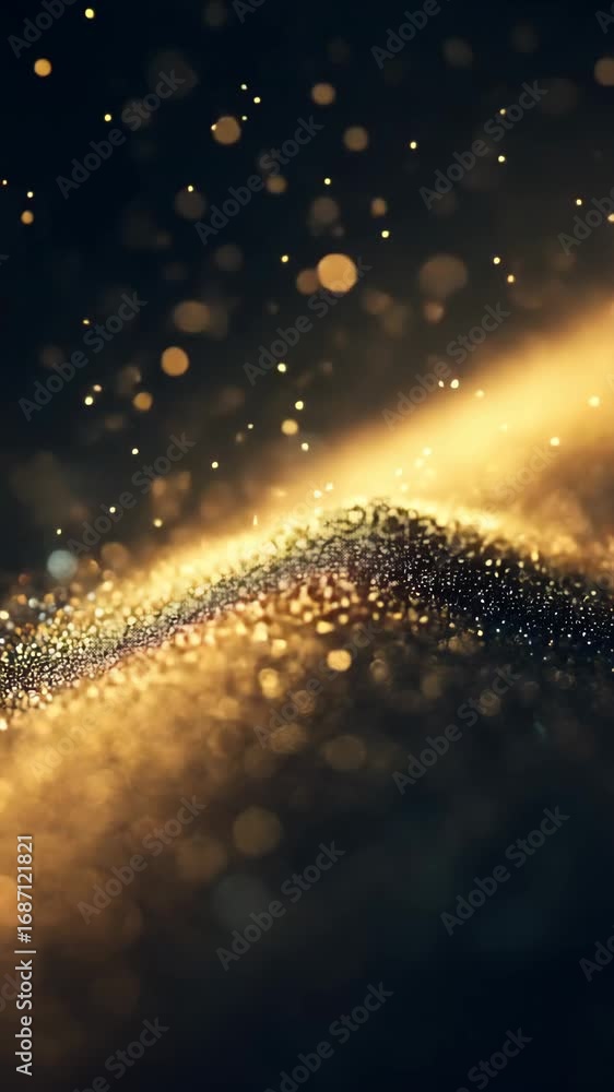 Poster abstract video scene with a close-up angle capturing shimmering golden particles against a dark back