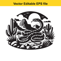 Snake in desert landscape with cactus and mountains, vector art