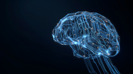 Glowing Holographic Brain on Dark Background, Artificial Intelligence, Digital Data Visualization, and Science Concept