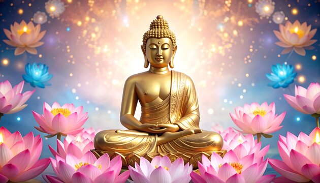 Golden Buddha statue surrounded by lotus flowers and glowing light