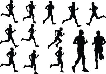 Silhouette runners in motion, jogging athletes, running exercise, sports training, fitness activity, marathon race, athletic movement illustration