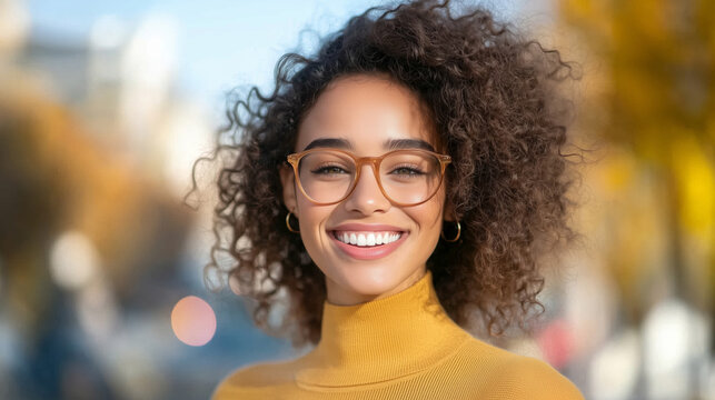 Smiling young woman in glasses and yellow sweater outdoors