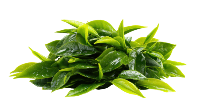 Fresh green tea leaves, vibrant and lush, isolated on a white background.