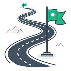 Winding Road to Success:  Abstract Vector Illustration of a Journey to Achievement with Flags and Mountains.