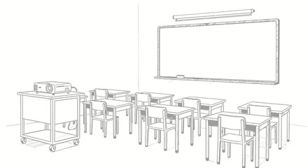 Fototapeta premium Line drawing of an empty classroom with desks and a whiteboard illustration
