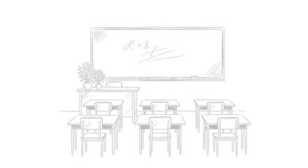 Fototapeta premium Minimalist classroom illustration with desks and blackboard equation