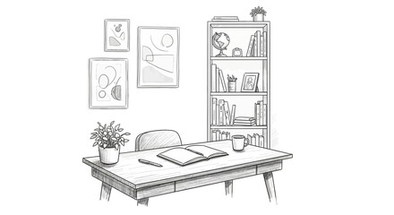 Minimalist workspace illustration featuring a desk, bookshelf, and abstract art