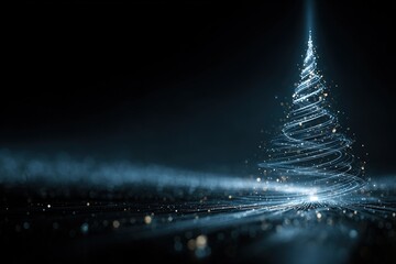 Futuristic Christmas tree made of glowing particles, presenting holographic interface and advanced data visualization, minimalist technology, subtle glow effect 3D rendering, simple corporate design