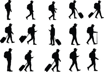 Obraz premium Silhouette travelers walking, people with luggage, airport passengers, backpacks, rolling suitcases, mobile phone, travel concept, commuter scene